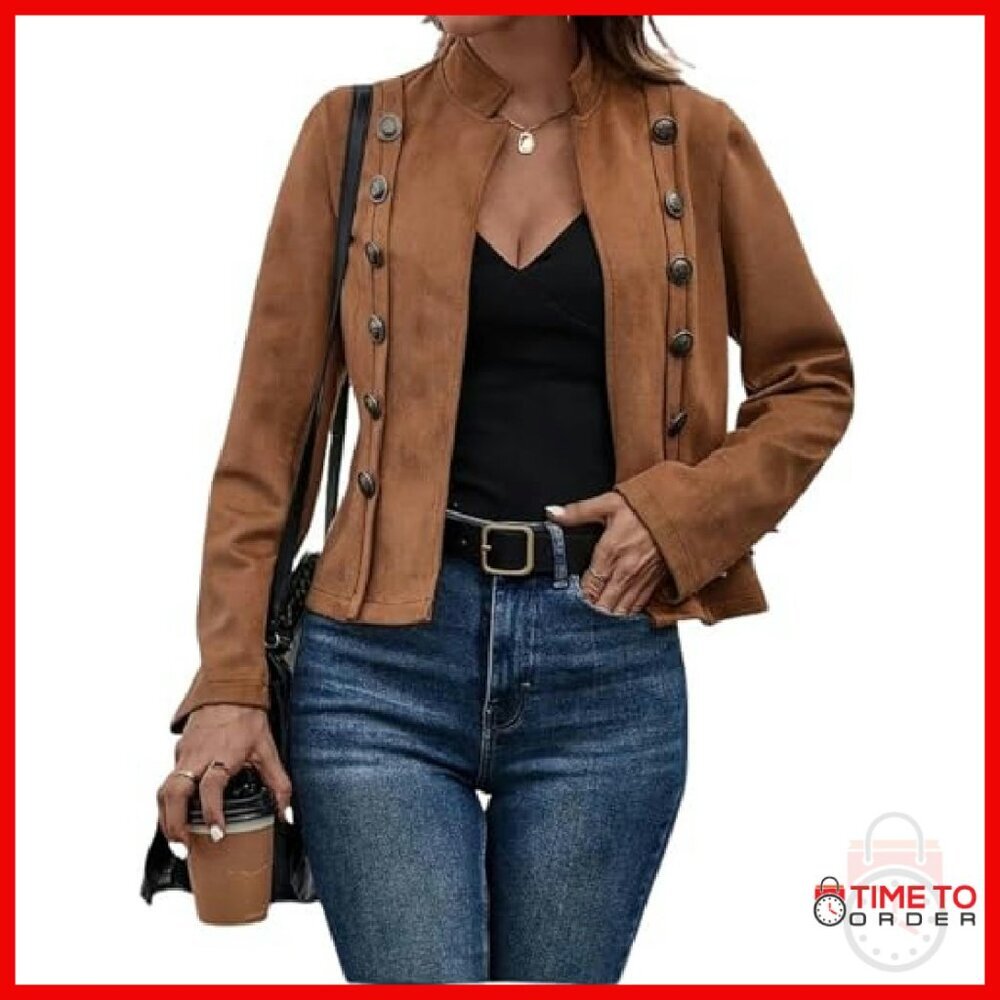 Faux Suede Leather Jacket Long Sleeve Blazer Slim Fit Cropped - Picture 2 of 6